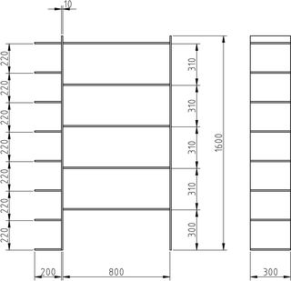 Dimensiones de la estantería con las baldas laterales.